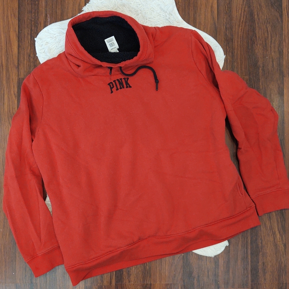 PINK Victoria's Secret Red and Black Sherpa Lined Cowl Neck Sweatshirt